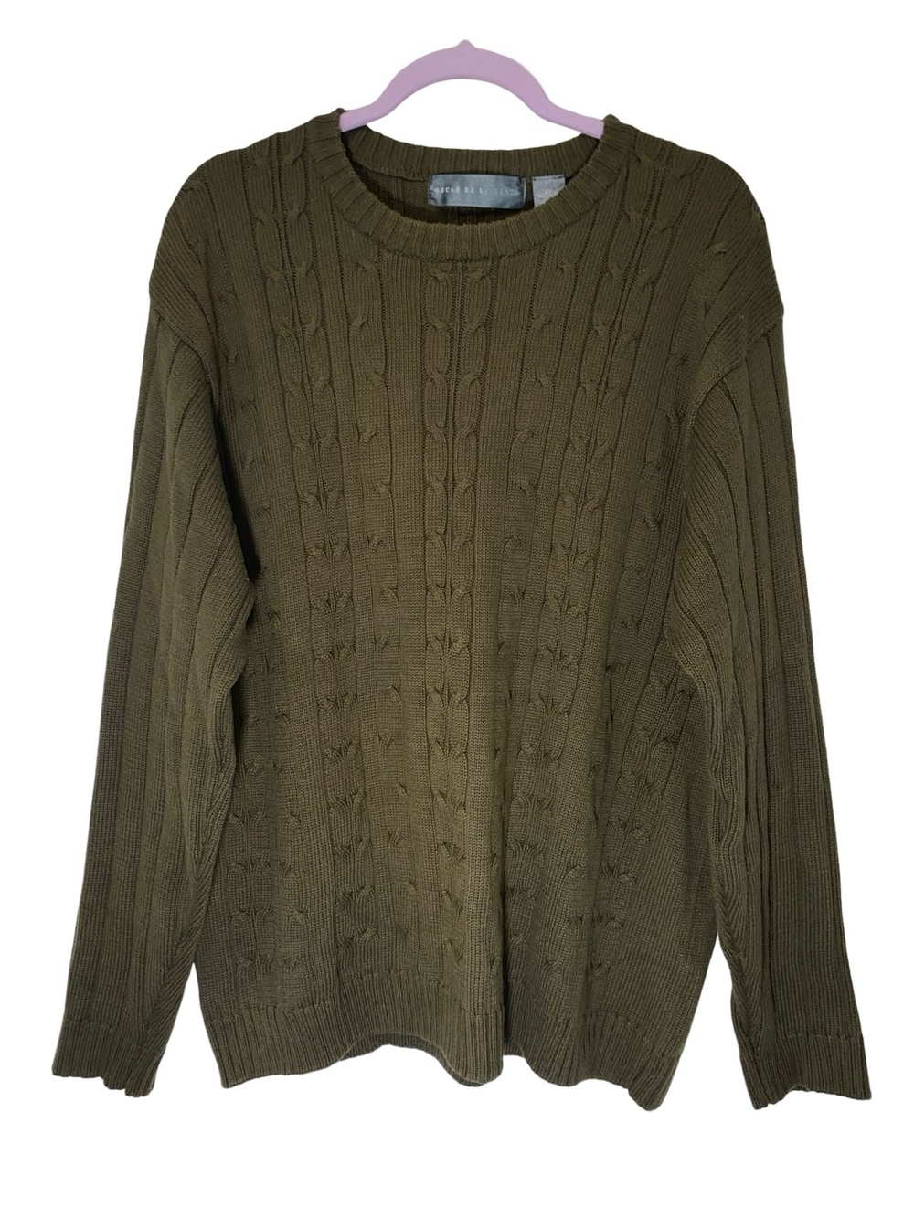 Oscar de la Renta Olive Green Cable Knit Crewneck Sweater